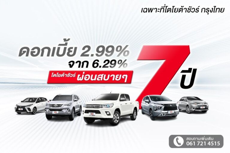 โตโยต้าชัวร์ กรุงไทย อัดโปรโมชัน ช็อควงการรถยนต์มือสอง ดอกเบี้ย 2.99% ผ่อน 7 ปี