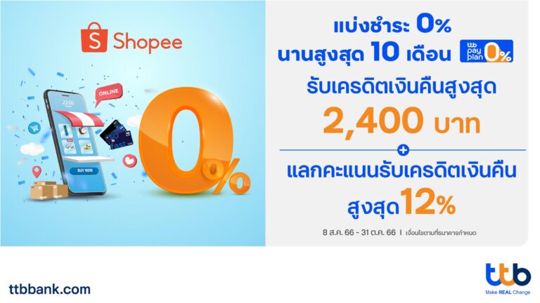 ทีบี จับมือ ช้อปปี้ บริการผ่อนชำระสบายๆ ด้วยบัตรเครดิต ttb ดอกเบี้ย 0% นานสูงสุด 10 เดือน และรับเครดิตเงินคืนสูงสุด 2,400 บาท