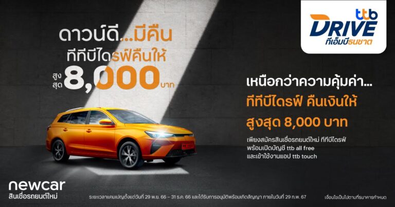 ทีทีบีไดรฟ์ จัดโปรหนักเอาใจคนออกรถยนต์ใหม่ ในงาน Motor Expo 2023 รับเงินคืน 3 ต่อ สูงสุดไม่เกิน 8,000 บาท