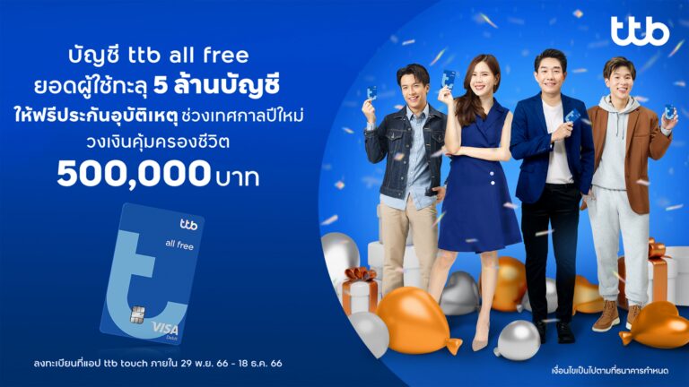 บัญชี ttb all free ยอดผู้ใช้ทะลุ 5 ล้านบัญชี ให้ฟรีประกันอุบัติเหตุ วงเงินคุ้มครองชีวิตเพิ่ม 500,000 บาท ช่วงเทศกาลปีใหม่