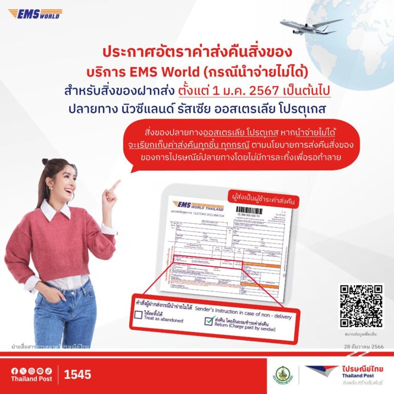 ไปรษณีย์ไทย ประกาศเก็บค่าส่งคืนสิ่งของในบริการ EMS World  4 ปลายทาง “นิวซีแลนด์ รัสเซีย ออสเตรเลีย โปรตุเกส” เริ่ม 1 ม.ค. 67