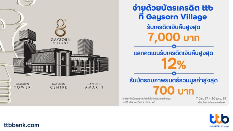 บัตรเครดิต ttb ร่วมกับ Gaysorn Village มอบเครดิตเงินคืนสูงสุด 7,000 บาท + แลกคะแนนรับเครดิตเงินคืนสูงสุด 12% และบัตรชมภาพยนตร์รวมมูลค่าสูงสุด 700 บาท