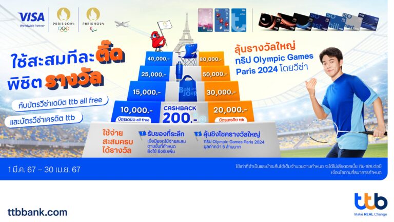 บัตรเครดิต ttb จับมือ วีซ่า ต้อนรับ Olympic Games Paris 2024 มอบเครดิตเงินคืน-แจกของรางวัล พร้อมสิทธิ์ลุ้นเที่ยวปารีส-ชมพิธีปิดการแข่งขัน