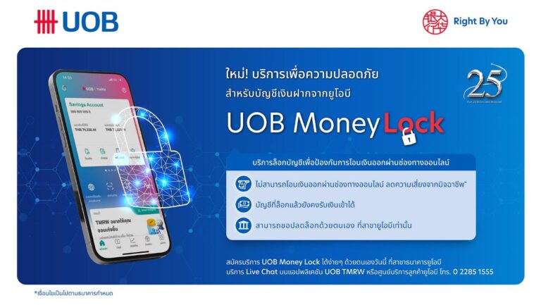 ยูโอบี เปิดตัว UOB Money Lock  ฟีเจอร์รักษาความปลอดภัยใหม่  เพื่อป้องกันการโอนเงินออกผ่านออนไลน์