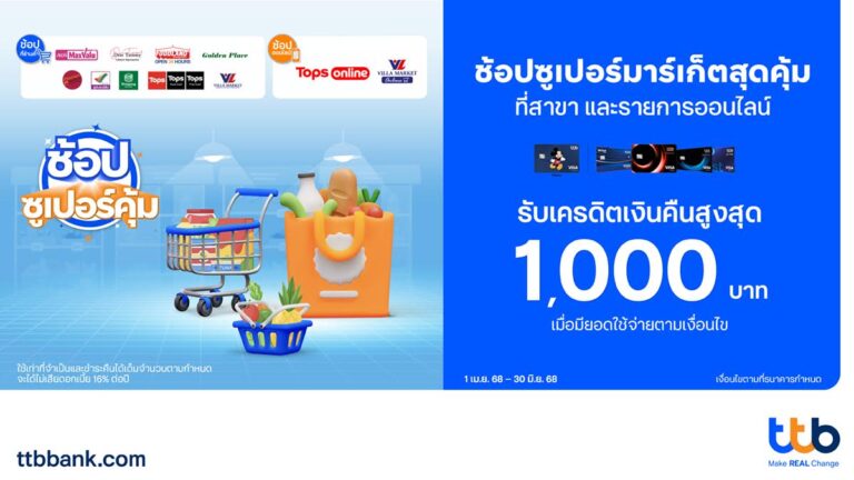 บัตรเครดิต ทีทีบี ส่งโปรโมชัน “ช้อปซูเปอร์คุ้ม” รับเครดิตเงินคืนสูงสุด 1,000 บาท