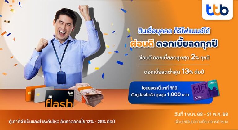 ทีทีบี ชวนลูกหนี้สินเชื่อส่วนบุคคล หยุดวงจรจ่ายดอกเบี้ยแพง รีไฟแนนซ์มาที่ทีทีบี ผ่อนดี ดอกเบี้ยลดต่ำสุดอยู่ที่ 13% ต่อปี