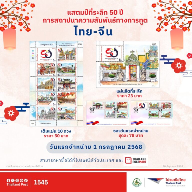 ฉลองความสัมพันธ์ไทย – จีน ไปรษณีย์ไทยเปิดจำหน่ายแสตมป์ชุด “50 ปี การสถาปนาความสัมพันธ์ทางการทูตไทย – จีน”