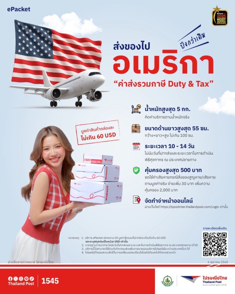 ไปรษณีย์ไทย ยกระดับบริการส่งสิ่งของไปอเมริกา ชู ‘ePacket’ รวมภาษีขาเข้า หนุนผู้ค้าออนไลน์ไทยขยายตลาดโลก
