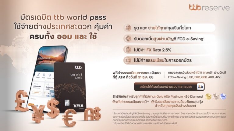 ทีทีบี มอบสิทธิพิเศษบัตรเดบิต ttb world pass ต้อนรับฤดูท่องเที่ยวปลายปี ฟรีค่าธรรมเนียมกดเงินสดที่ตู้เอทีเอ็มในต่างประเทศ วันนี้ถึง 31 ธันวาคมนี้