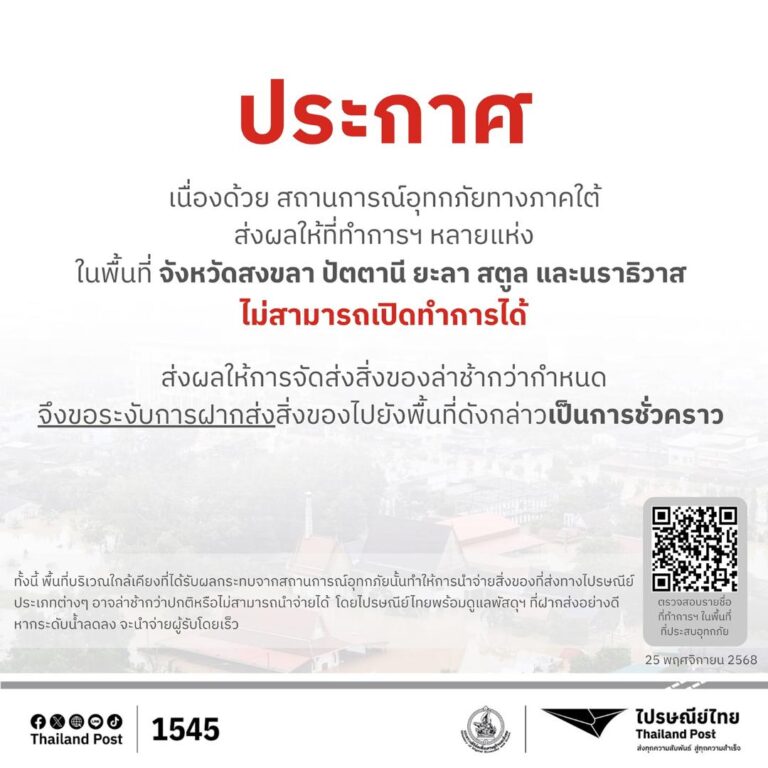ไปรษณีย์ไทย แจ้งมาตรการรองรับสถานการณ์น้ำท่วม เดินหน้าส่งต่อบริการถึงมือประชาชน พร้อมแจ้ง 5 จังหวัดที่ปิดทำการชั่วคราว