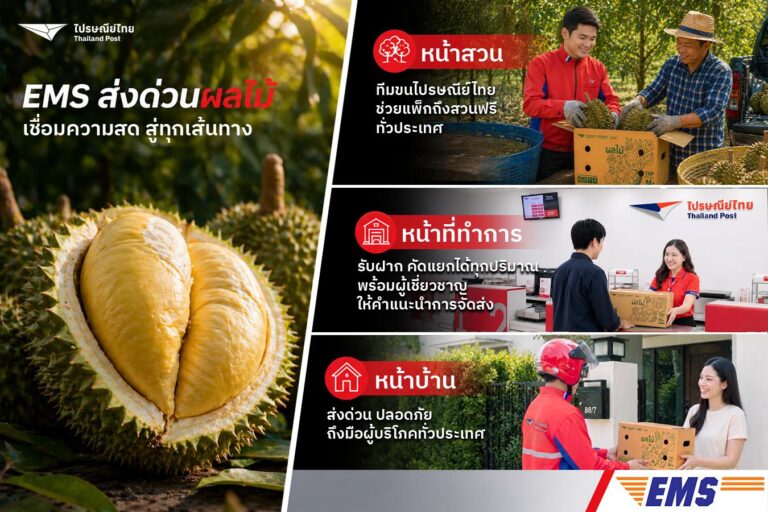 ไปรษณีย์ไทย ชู 3 กลยุทธ์ “หน้าสวน–หน้าที่ทำการ–หน้าบ้าน” หนุน “หน้าทุเรียน” และผลไม้ฤดูร้อนตลอดซีซั่น  พร้อมเดินหน้าใช้ EMS ส่งด่วนผลไม้ช่วยระบายผลผลิตทั่วประเทศ