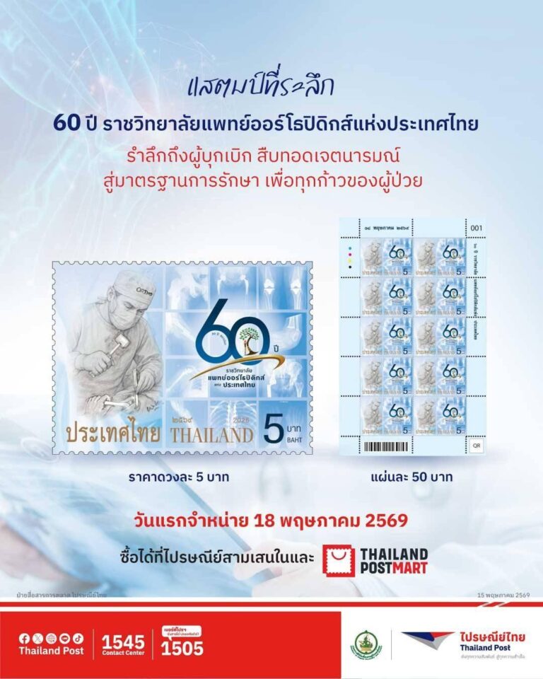 ไปรษณีย์ไทย จารึกประวัติศาสตร์วงการแพทย์ไทย ผ่านแสตมป์ที่ระลึก “60 ปี ราชวิทยาลัยแพทย์ออร์โธปิดิกส์ฯ” พร้อมเปิดจำหน่ายแล้ววันนี้